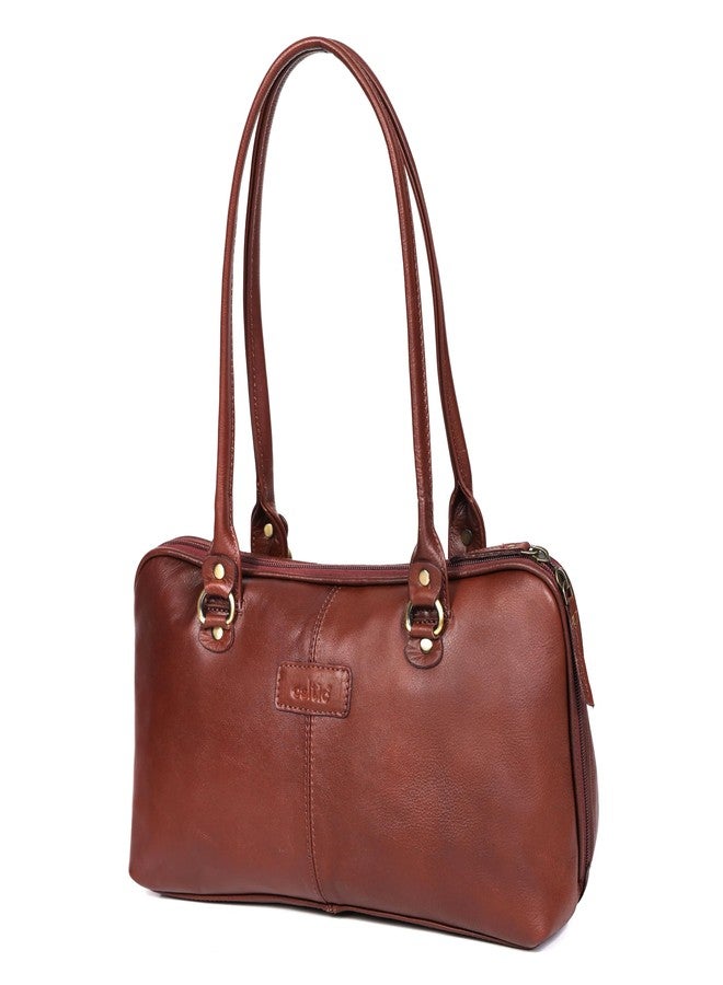 Celtic Premium Leather Shoulder Bag with Dual Zip Compartments, Structured Silhouette & Long Handles - Image 1
